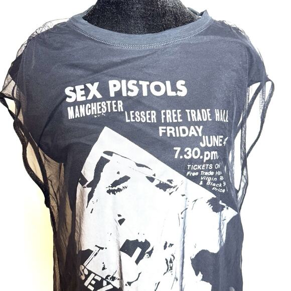 PILCRO BY ANTHROPOLOGIE Sex Pistols Graphic Band Tulle T-Shirt Black Sz XS NWOT - Picture 2 of 5